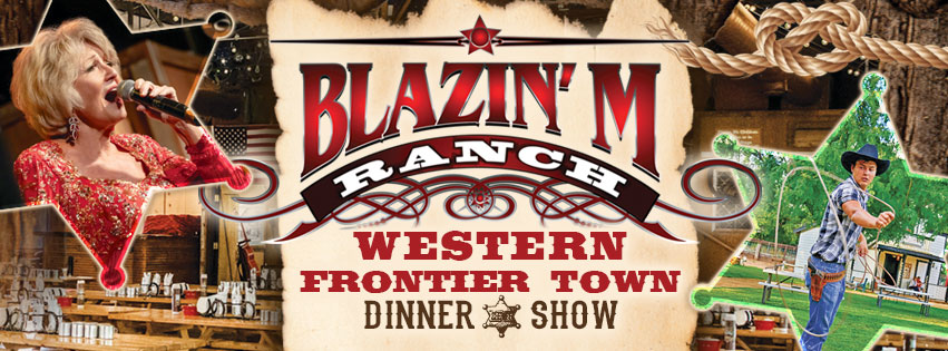blazin m ranch western frontier town and dinner show poster with roping, a feed and singing!